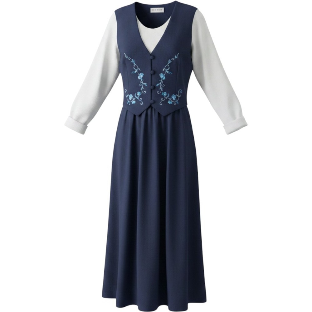 Lady Dorby Vintage Navy Blue Cream Embroidered Midi Dress Womens 18W 8082N